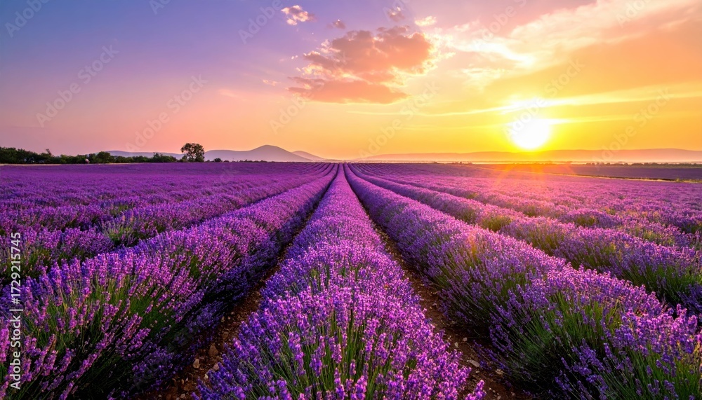 Obraz premium Breathtaking Lavender Field at Sunset with Vibrant Purple Blooms