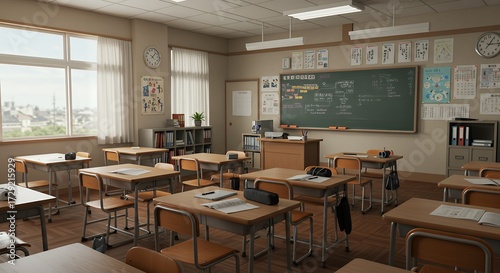 Peaceful and sunlit empty classroom in a traditional school, evoking a sense of nostalgia and quiet contemplation of student life