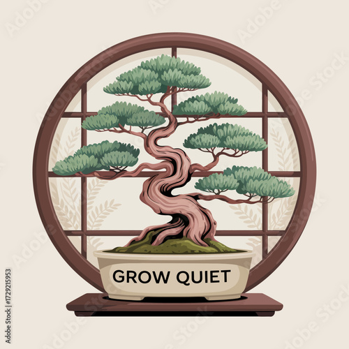 Zen bonsai tree artistry displayed in a traditional circular lattice frame symbolizing growth tranquility and patience decorative asian garden element vector