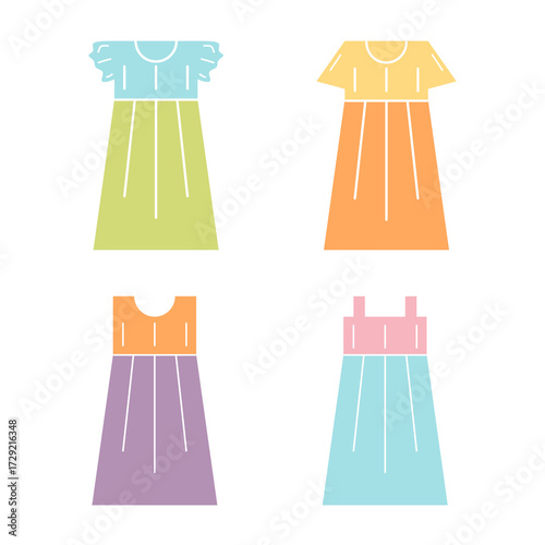 Set of cute midi dress design hand drawn colorful illustration in glossy bubble style collections