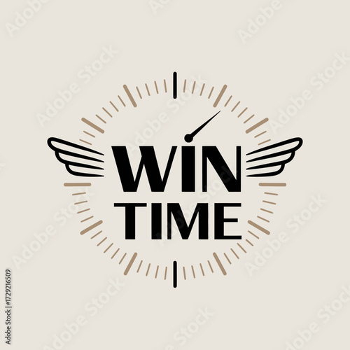 Modern 'win time' text logo with winged clock design symbolizing success opportunity and timely victory on a clean background vector