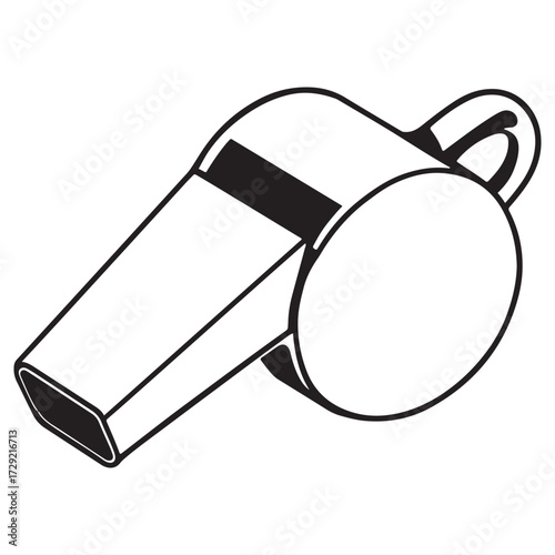 Simple line drawing of a classic silver metal whistle with a black stripe and lanyard loop