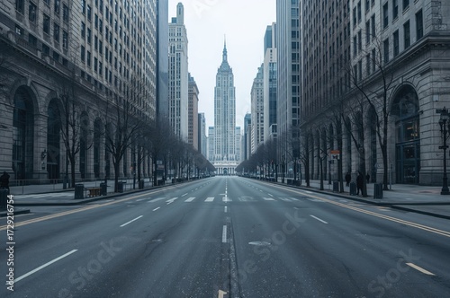 Empty urban street leading to a major transit hub during the COVID-19 pandemic.