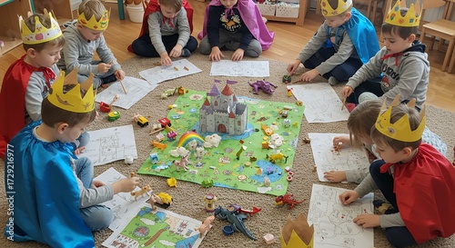Young children dressed as kings and queens engage in imaginative play with a castle and toys