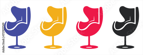 Set of iconic mid-century modern style armchairs in vibrant colors, contemporary furniture design