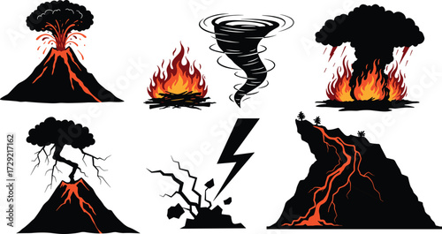 Natural disaster silhouettes, volcano eruption, wildfire, earthquake, landslide, fire, smoke, lava, environmental hazards, disaster icons, nature danger vector