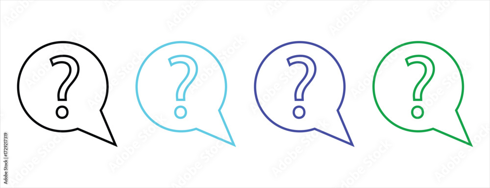 Fototapeta premium Set of outline question mark symbols inside colorful speech bubbles, line art for help and support graphics