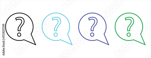 Set of outline question mark symbols inside colorful speech bubbles, line art for help and support graphics