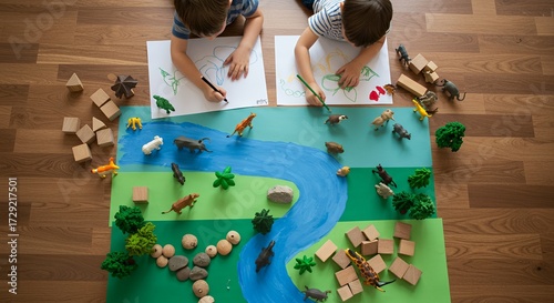 Creative children learning about nature and ecosystems through imaginative play with a handmade diorama at home