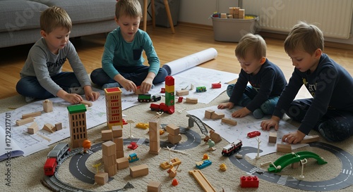 Building Dreams Four Boys Constructing a City with Wooden Blocks and Blueprints