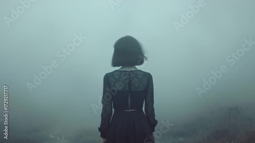 A woman stands alone in thick fog wearing a black dress, ideal for use as a mysterious or atmospheric background image