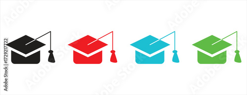 Colorful set of academic graduation caps with tassel, education and success vector icons