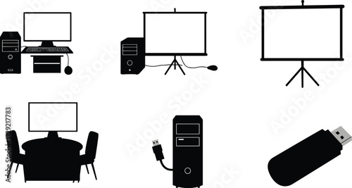 Office equipment silhouette icon collection, with computer, projector screen, meeting room table, and USB flash drive for business presentations.