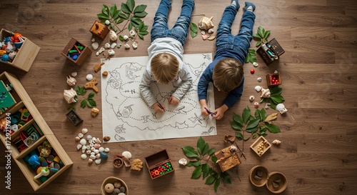 Children's Artistic Exploration A Collaborative Drawing Session on the Wooden Floor