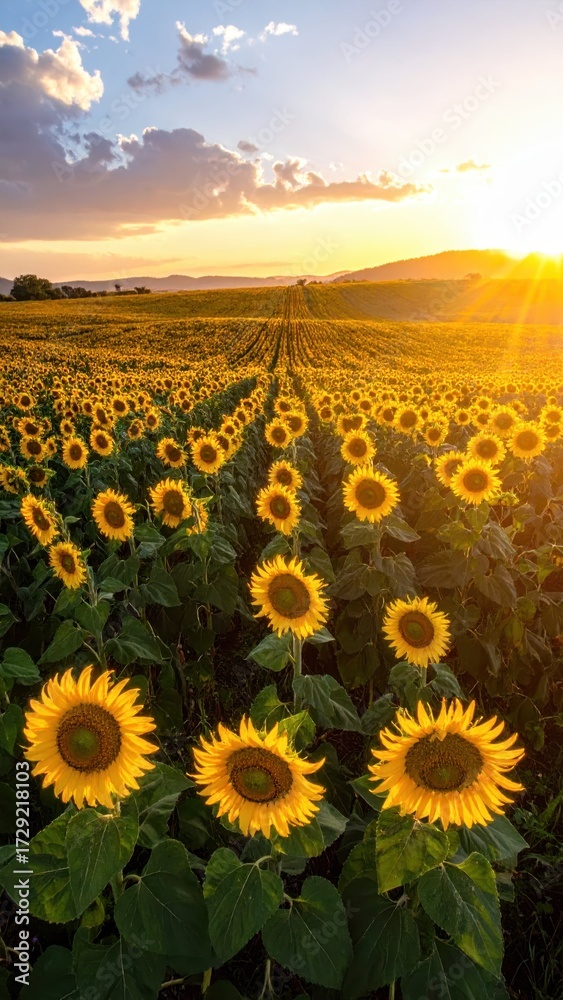Obraz premium Stunning Sunrise Over Vibrant Sunflower Field in Rural Landscape