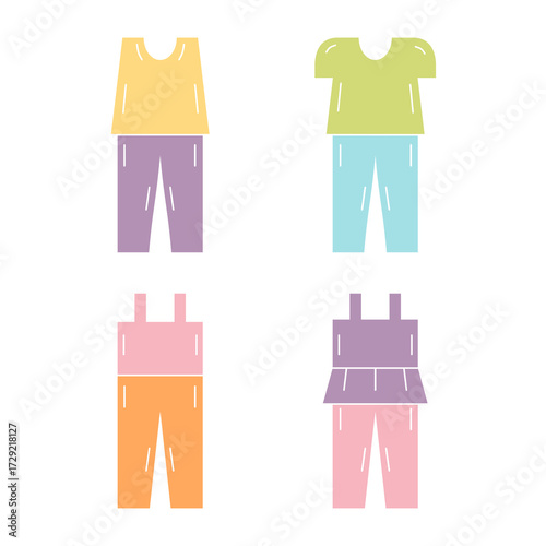 Set of cute hand drawn one set clothing long pants outfits hand drawn colorful illustration in glossy bubble style collections