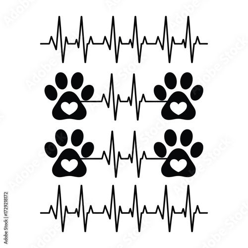 Black and white vector illustration of heart rate monitor patterns with paw prints and integrated heart symbols in vertical arrangement