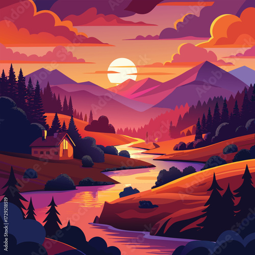 Majestic Stylized Mountain Valley With A Cascading Waterfall Pouring Into A River, Rolling Meadows, Tall Pine Forests, And A Long Curved Country Road Winding Through The Scenic Landscape In Vector Sty