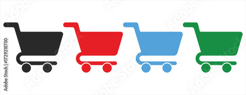 Group of shopping cart and trolley icons in various bright colors, retail and supermarket symbol set