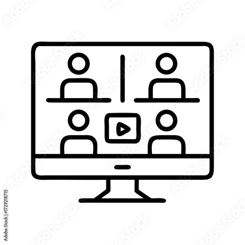 Computer screen displaying a video conference with four participants and a play button