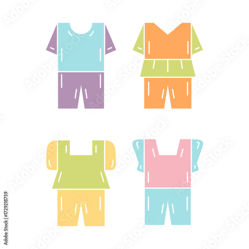 Set of cute one set casual clothing short pants outfits design hand drawn colorful illustration in glossy bubble style collections	