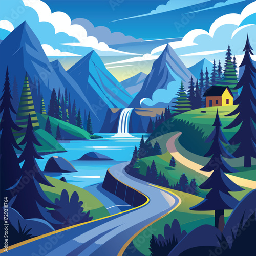 Bright Daytime Vector Landscape Featuring A Smooth Curvy Road Along Blue Waters, Towering Mountain Ridges In The Distance, Dense Forests, And A Cozy Yellow Cabin With A Black Roof On A Grassy Hillside