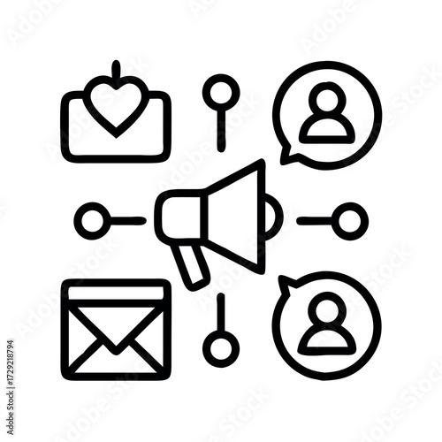 Digital marketing and communication icons representing engagement and outreach strategies