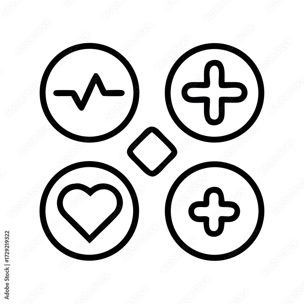 Fototapeta premium Four circle icons representing health and medical concepts with a central diamond shape