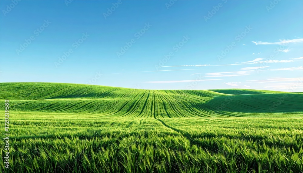 Fototapeta premium Lush Green Fields Under Bright Blue Sky with Gentle Rolling Hills