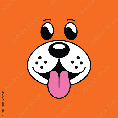 Cartoon illustration of a playful dog face with pink tongue and white muzzle on solid orange background in minimalist style