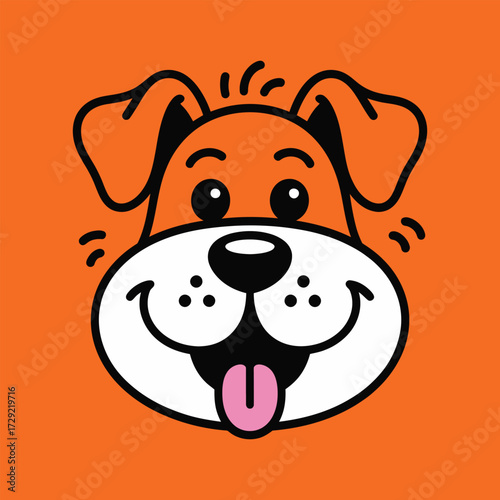 Cartoon illustration of a playful dog face with pink tongue and white muzzle on solid orange background in minimalist style
