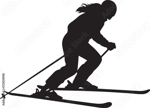 PrintSilhouette of woman skiing downhill, winter sport activity, female skier motion, outdoor snow fun, cold weather sports, skiing posture, active lifestyle in winter