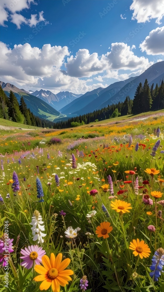 Obraz premium Vibrant Wildflowers in a Stunning Mountain Landscape