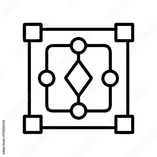 Abstract geometric diagram representing a process or system with interconnected nodes and shapes