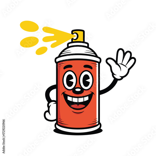 Cartoon illustration of a red spray paint can character with happy expression and waving gesture in playful retro style
