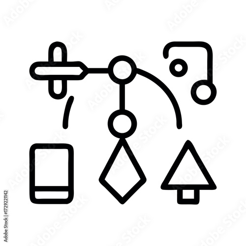 Whimsical line art illustration of a baby crib mobile with toys and music notes