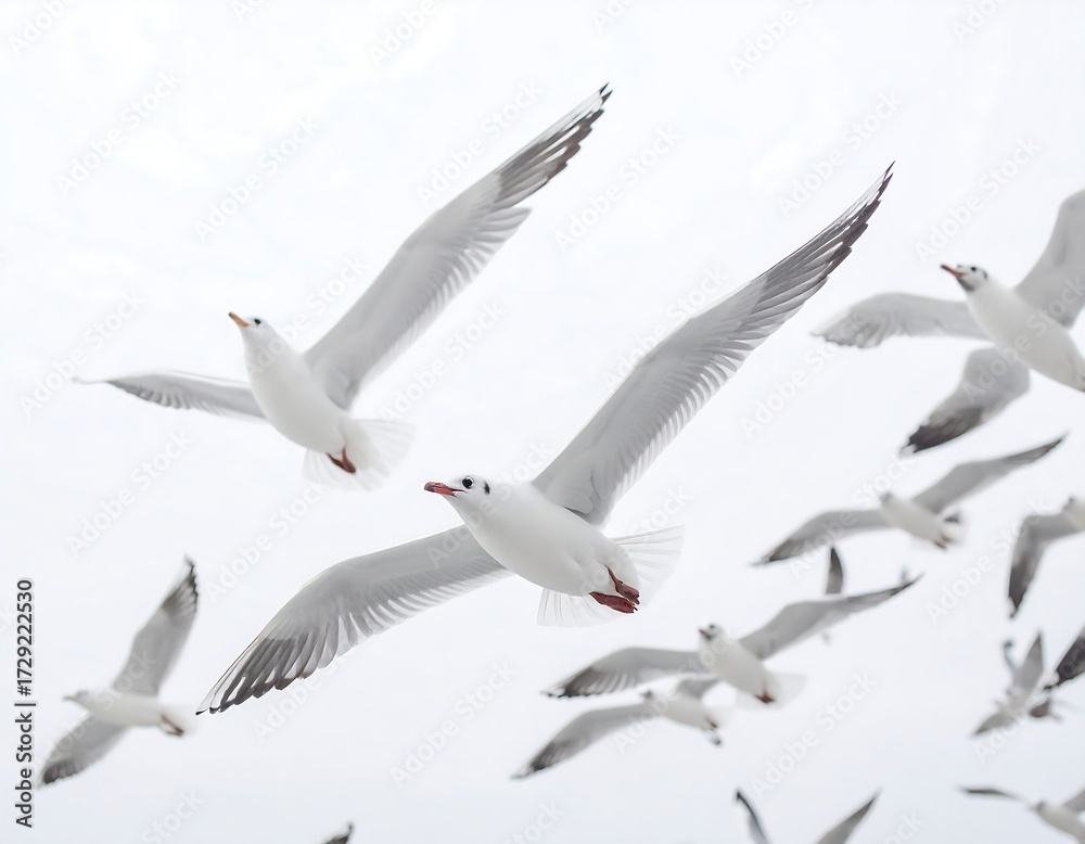 Obraz premium Flocks of seagulls soaring in a bright sky