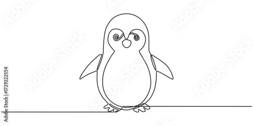 Continuous one line drawing of a penguin and its flippers close to its body, representing cuteness and endurance, line art style vector illustration.