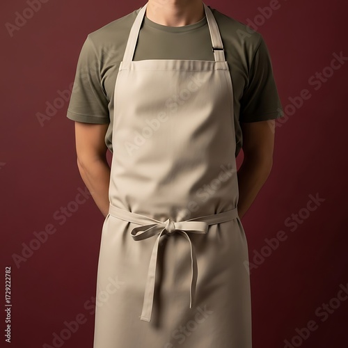 Beige kitchen apron on torso with tied waist and olive shirt studio portrait.