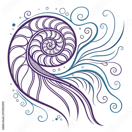 Abstract nautilus shell swirls and bubbles in purple and teal on white background