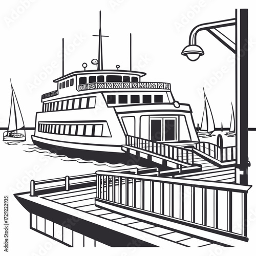 Black and white illustration of a large passenger ferry docked at a pier with sailboats in the background