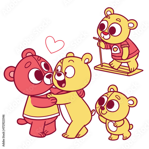 Cute cartoon teddy bears in different poses of affection and activity with a heart symbol