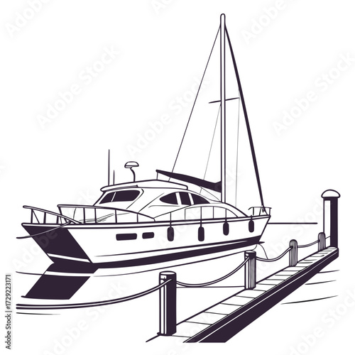 Elegant motor yacht with sail docked at a pier on a clear day line art illustration