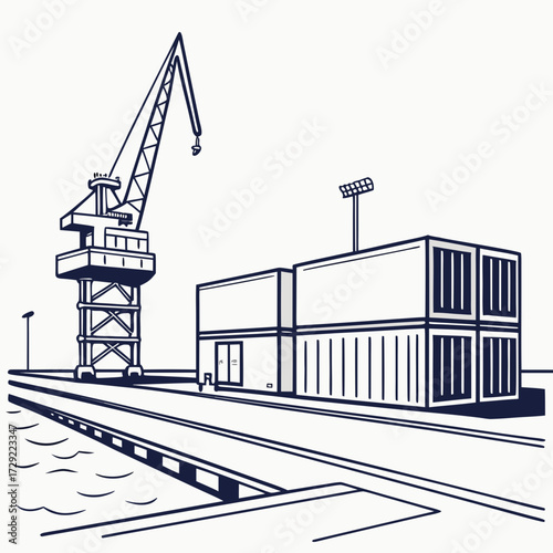 Industrial port scene with a large crane loading shipping containers onto a dock with water and a pier