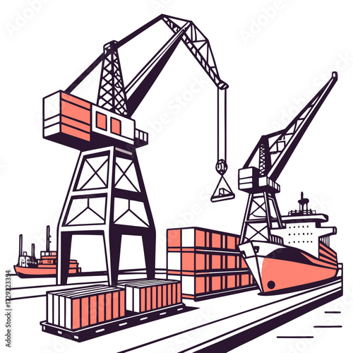 Industrial port scene with cargo cranes loading shipping containers onto a large cargo ship