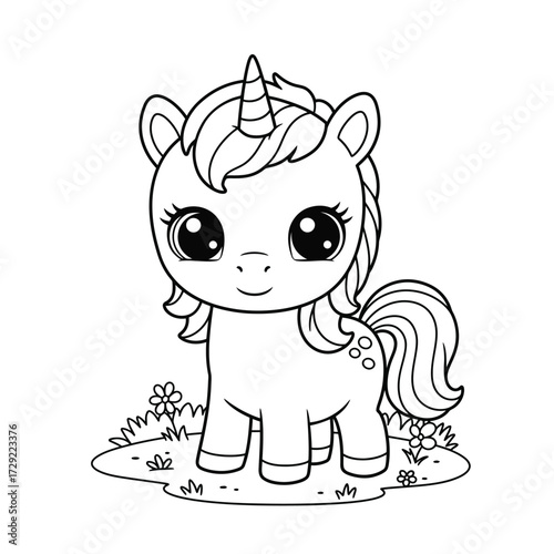 Cute cartoon unicorn with curly mane on a white background. EPS 10.