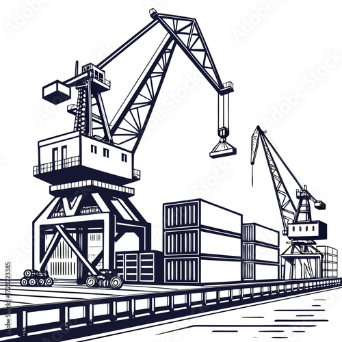Industrial port scene with large cranes loading shipping containers onto a pier