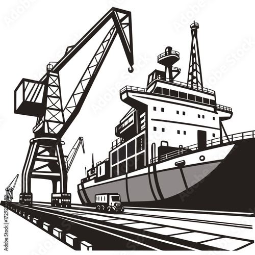 Industrial port scene with large cargo ship and cranes loading cargo with trucks and railway tracks
