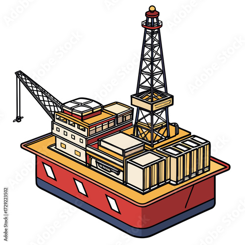 Isometric illustration of a colorful offshore oil rig with a crane and drilling derrick on a white background