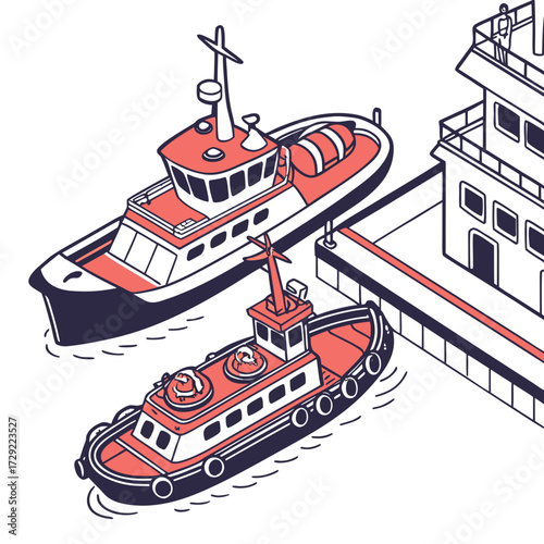 Isometric illustration of a tugboat and a larger vessel docked at a pier with a person on deck